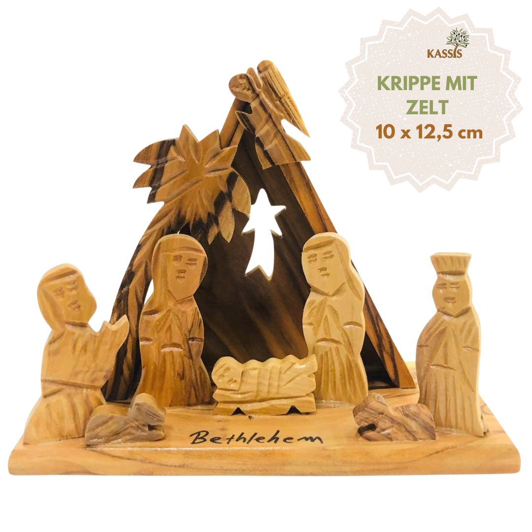 Krippe mit Zelt aus Olivenholz , 10 cm | Weihnachtsdeko & Geschenk für Advent und Weihnachten