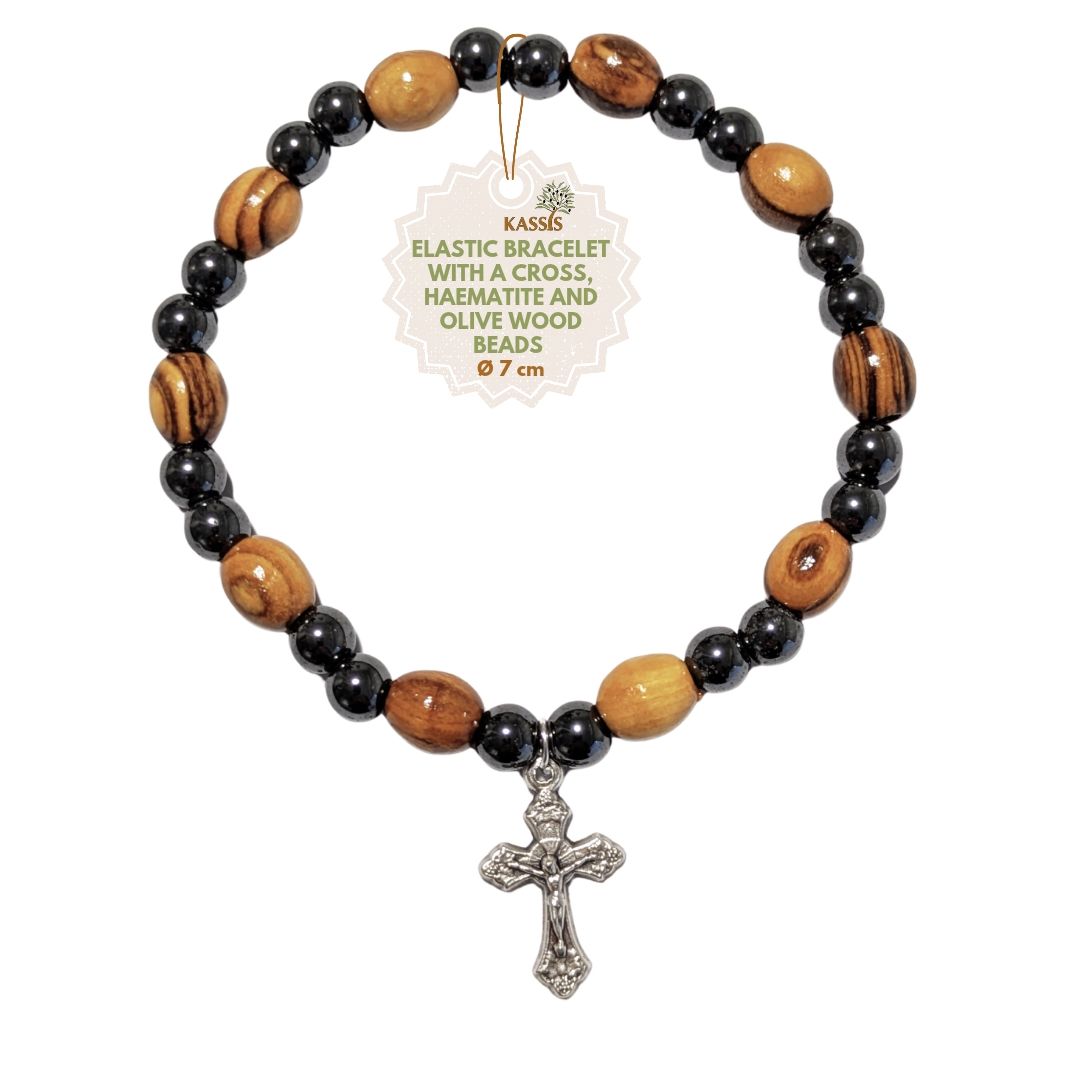 Hämatit & Olivenholz Armband mit Kreuz | Handgefertigtes Perlenarmband aus Bethlehem