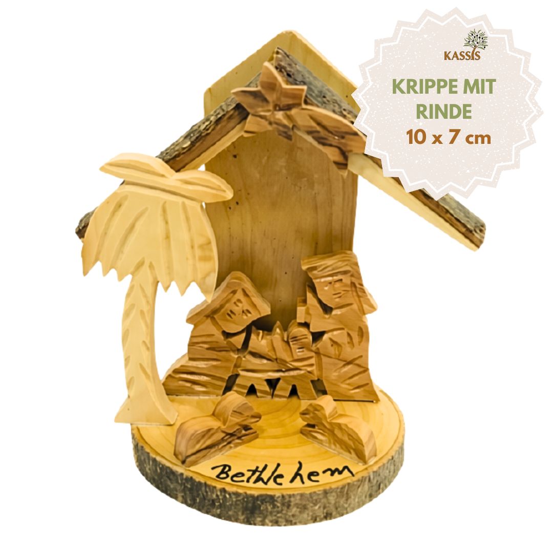 Krippe aus Olivenholz mit Rinde, 10 cm | Weihnachtsdeko & Geschenk für Advent und Weihnachten