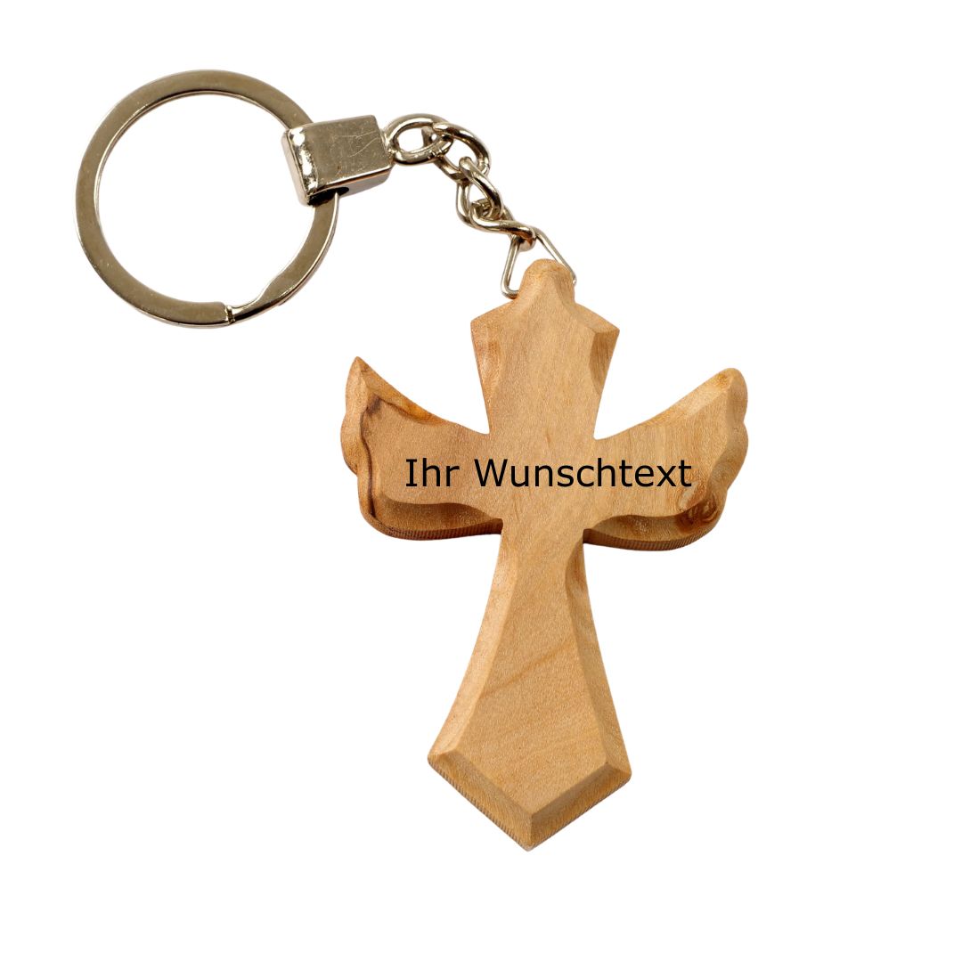Personalisierter Schlüsselanhänger aus Olivenholz mit Gravur – Kreuz in Engel Form | Geschenk zur Taufe, Kommunion, Geburtstag
