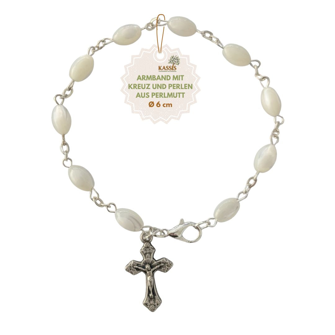 Armband mit Perlmutt Perlen & Kreuz | Perlenarmband Unisex, Geschenk Taufe, Kommunion