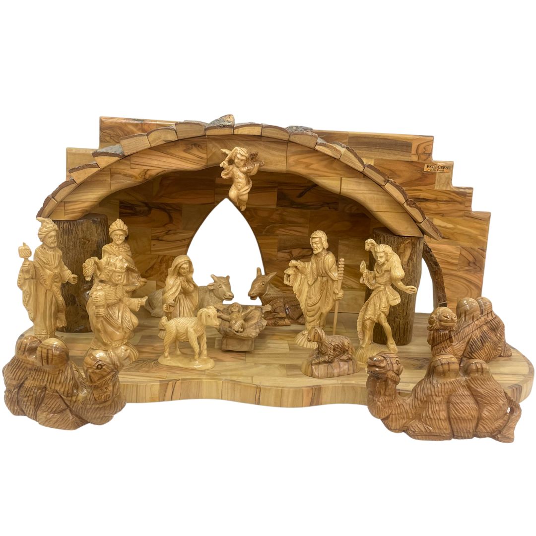 Weihnachtskrippe aus Olivenholz mit Figuren | Detailreiche Handarbeit