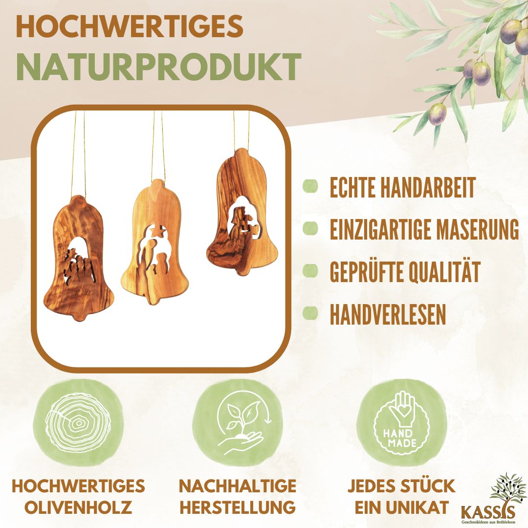 Olivenholz Krippen-Anhänger im 3er Set (ohne Rinde) | Baumschmuck & Weihnachtsdeko für Advent und Weihnachten