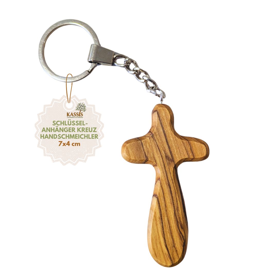 Personalisierter Kreuz Schlüsselanhänger aus Olivenholz mit Gravur 7 cm | Geschenk zur Taufe, Kommunion, Konfirmation