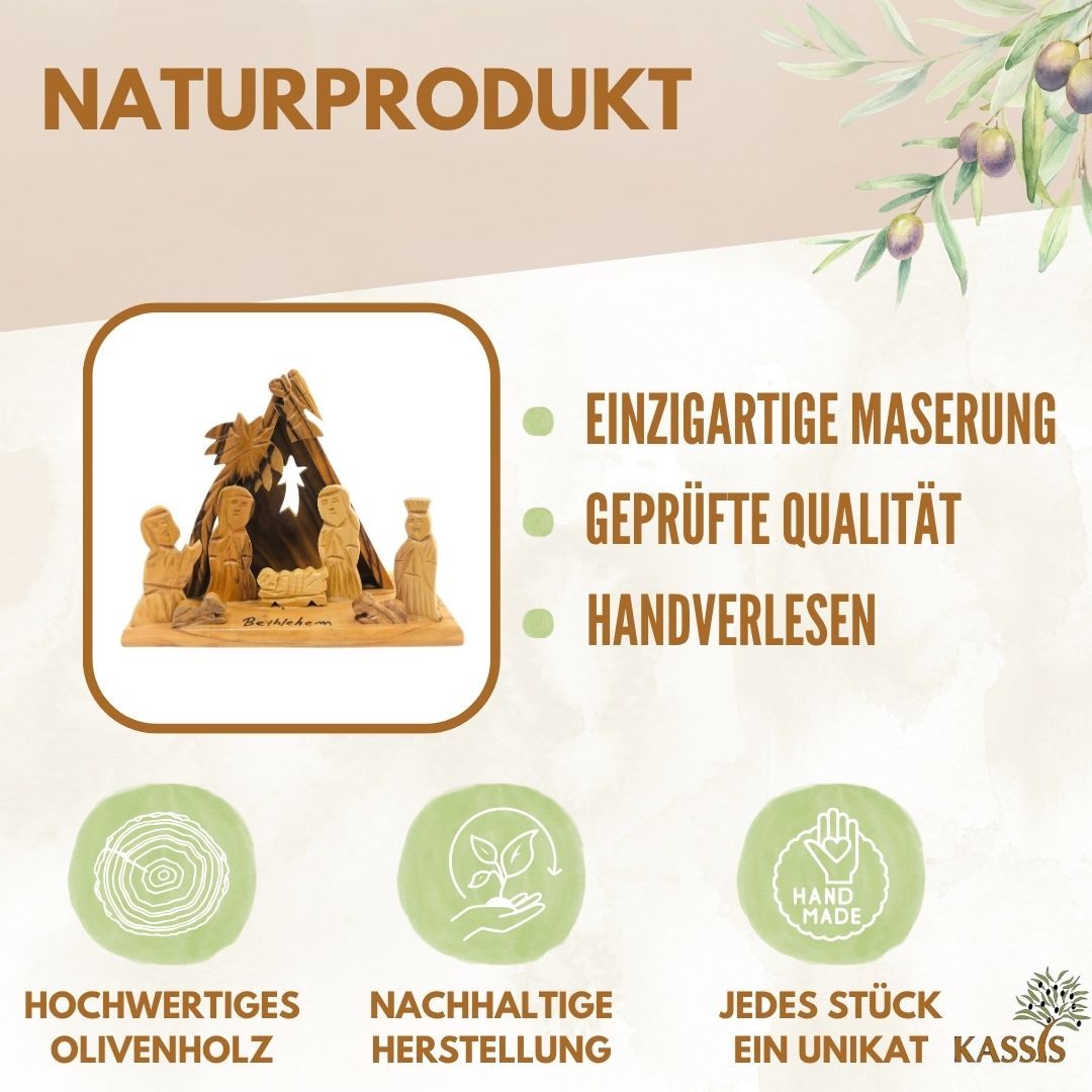 Krippe mit Zelt aus Olivenholz , 10 cm | Weihnachtsdeko & Geschenk für Advent und Weihnachten