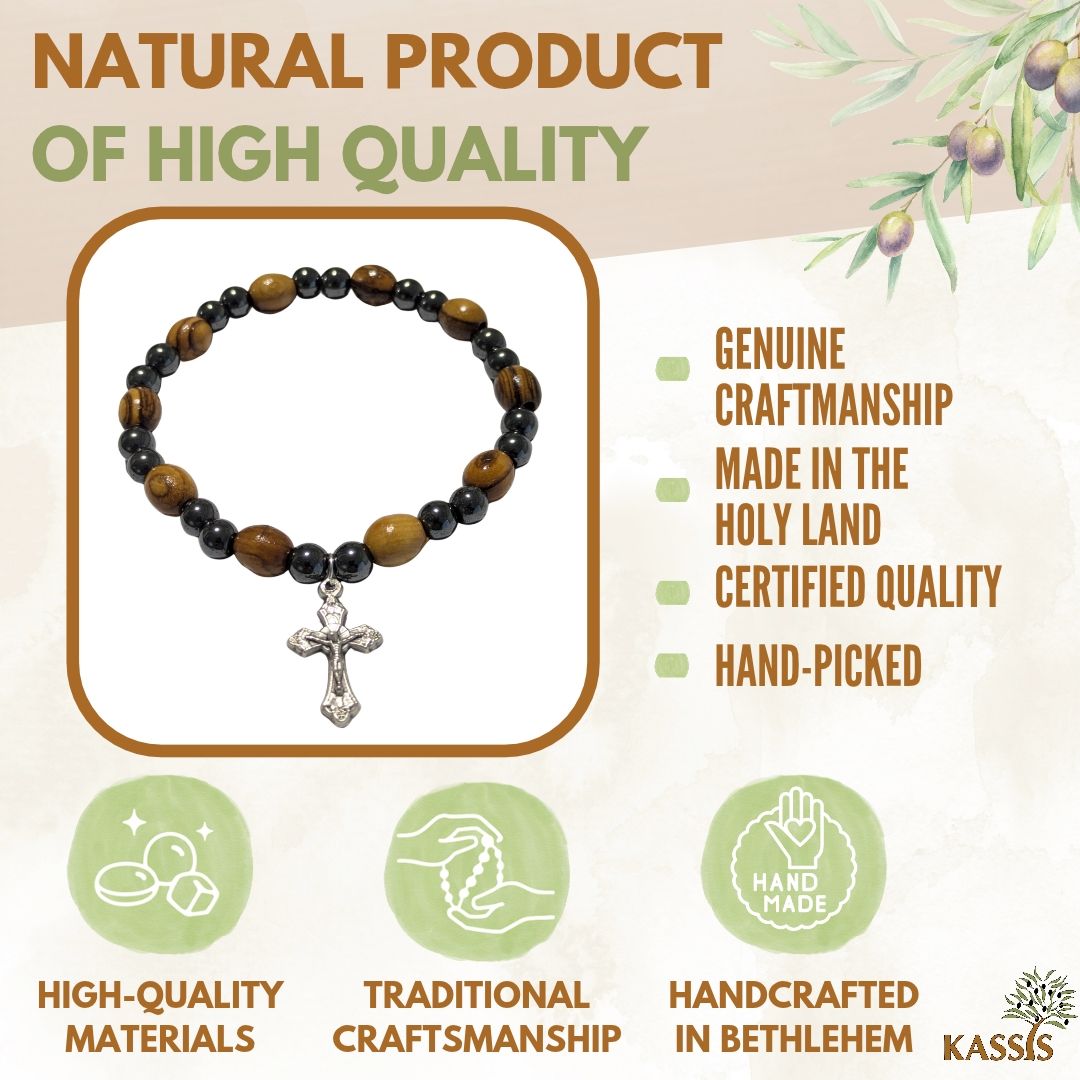 Hämatit & Olivenholz Armband mit Kreuz | Handgefertigtes Perlenarmband aus Bethlehem