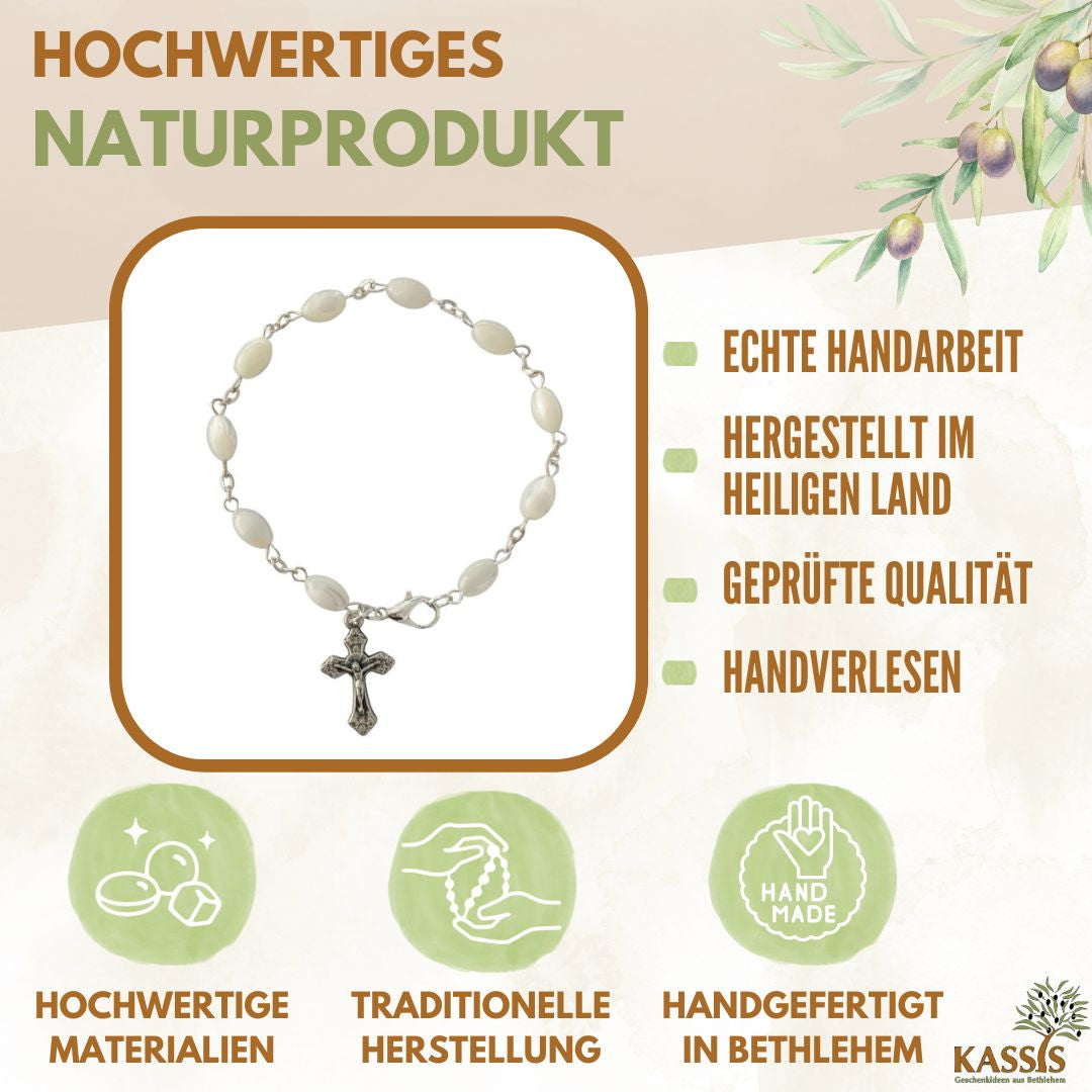 Armband mit Perlmutt Perlen & Kreuz | Perlenarmband Unisex, Geschenk Taufe, Kommunion