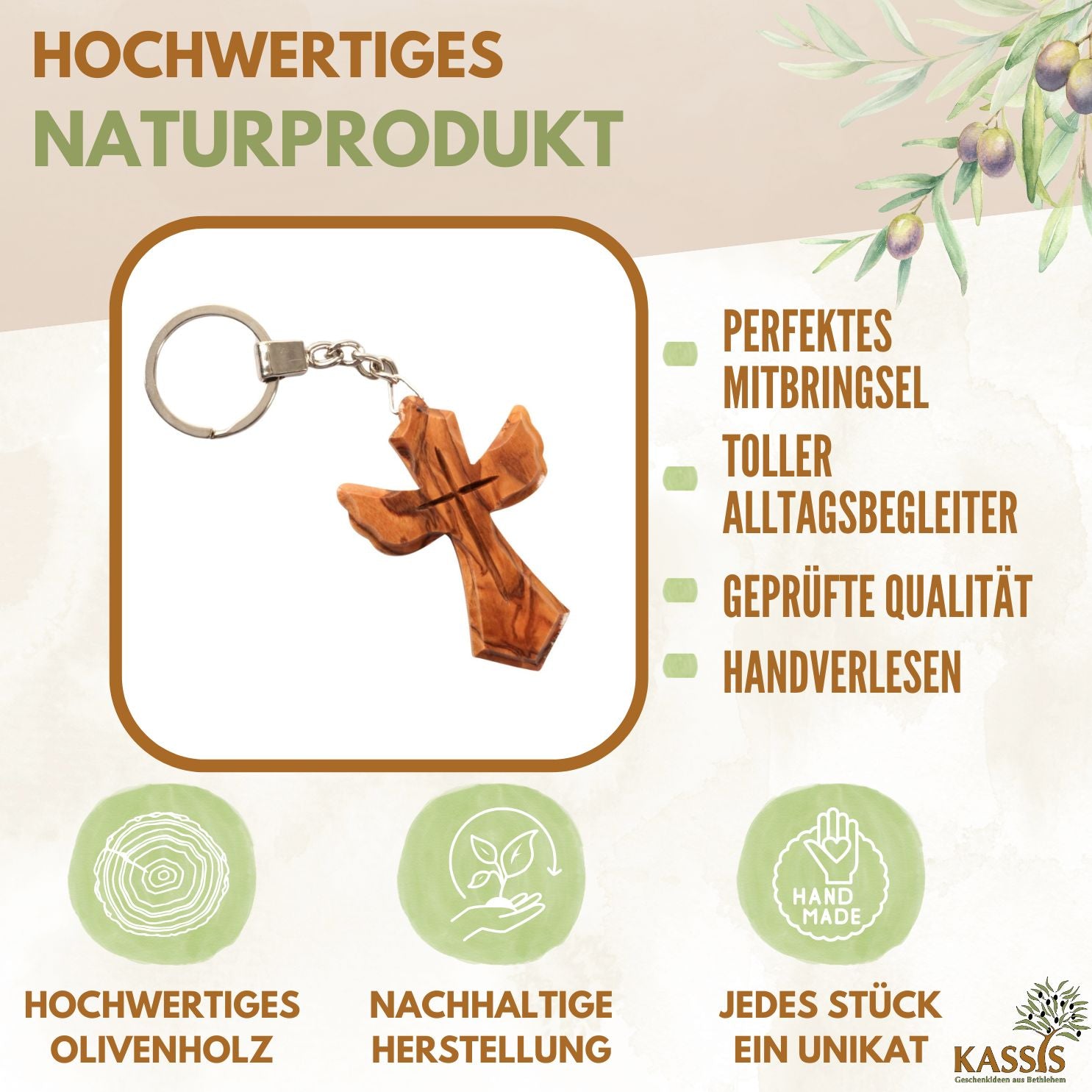 Personalisierter Schlüsselanhänger aus Olivenholz mit Gravur – Kreuz in Engel Form | Geschenk zur Taufe, Kommunion, Geburtstag