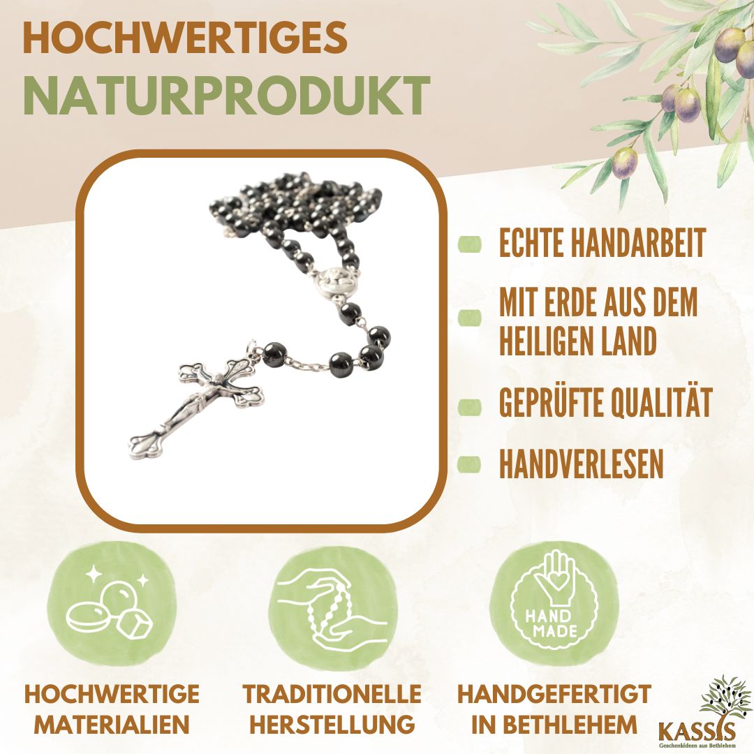 Rosenkranz mit runden Hämatitperlen (42 cm) | Gebetskette mit Kreuz als Geschenk zur Taufe, Kommunion & Firmung