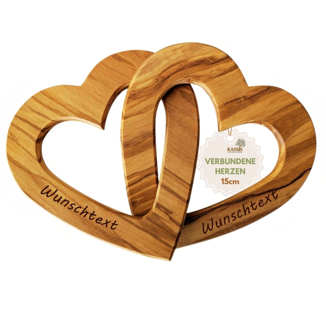 Personalisierte verbundene Herzen aus Olivenholz 15 cm mit Gravur | Geschenk zur Hochzeit, Valentinstag, Jubiläum