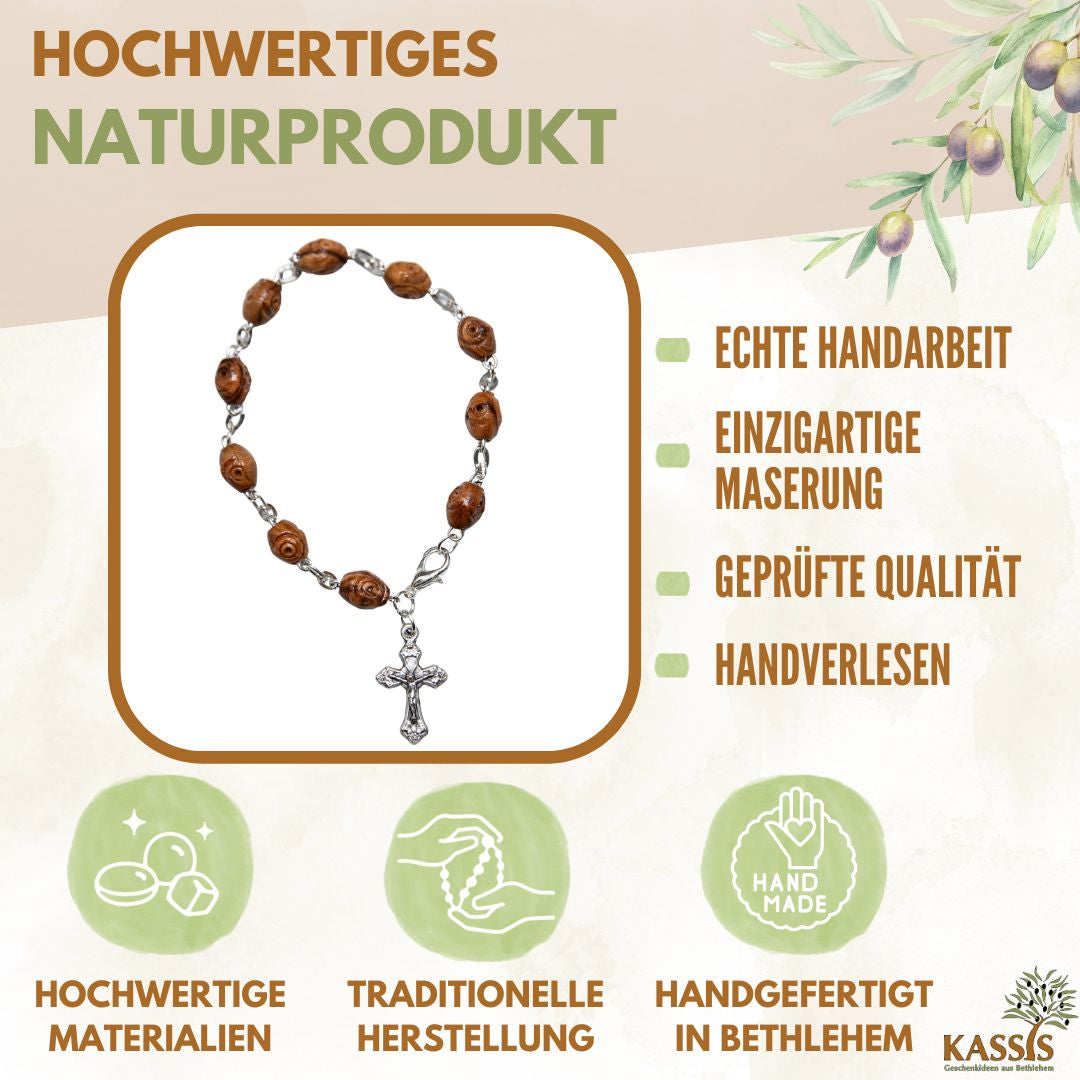 Olivenholz Armband mit Kreuz & verzierten Perlen | Perlenarmband Damen & Herren, Geschenk Taufe, Kommunion