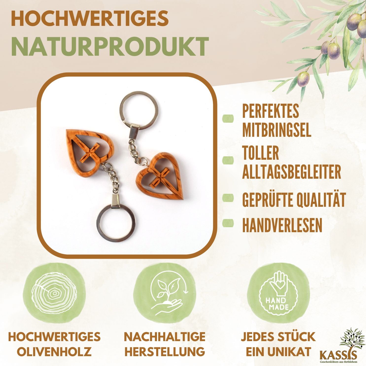 Schlüsselanhänger Kreuz im Herz aus Olivenholz | Liebevoller Glücksbringer als Geschenk zur Taufe, Kommunion & Geburtstag