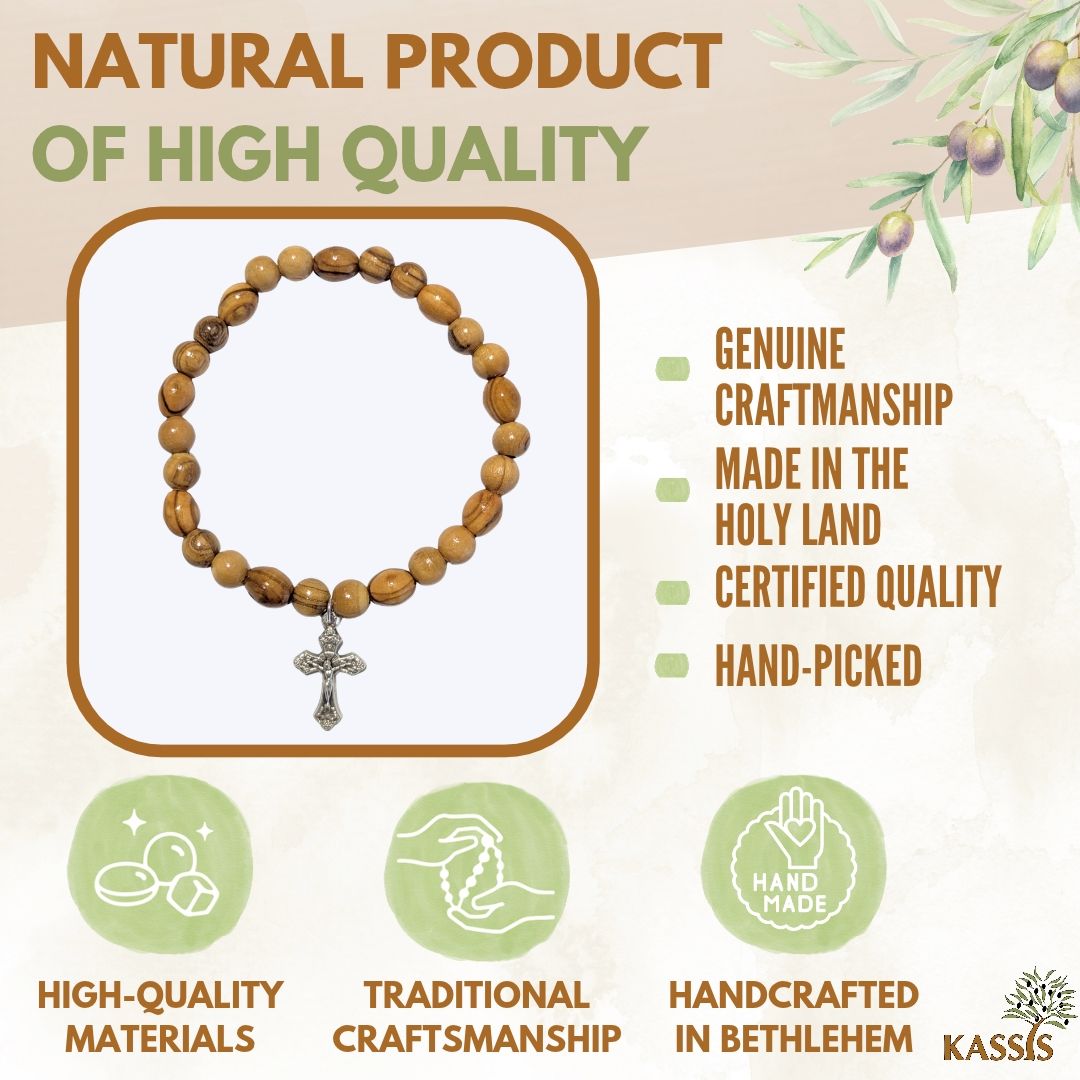 Olivenholz Armband mit Kreuz | Elastisches Perlenarmband aus Bethlehem