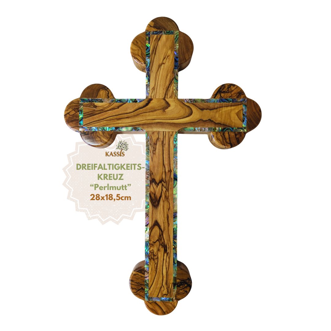 Olivenholz Kreuz mit Perlmutt-Rand | Wandkreuz Geschenk zur Taufe, Kommunion & Firmung