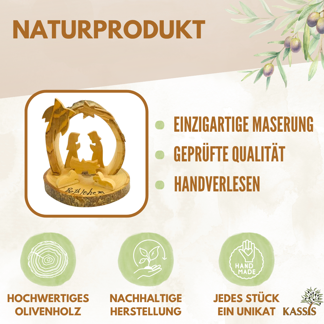 Runde Krippe aus Olivenholz mit Rinde, 7,5 cm | Weihnachtsdeko & Geschenk für Advent und Weihnachten