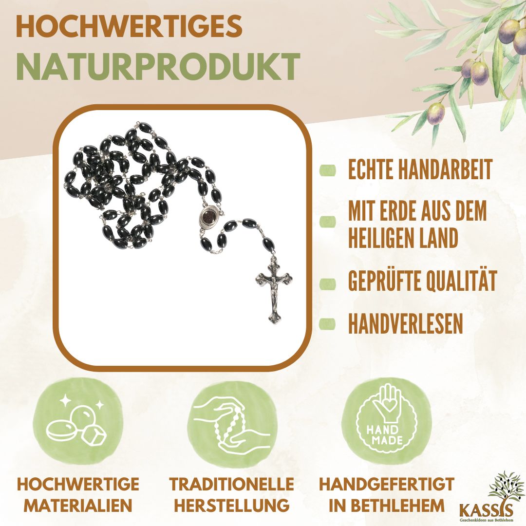 Rosenkranz mit ovalen Hämatitperlen (53 cm) | Gebetskette mit Metallkreuz, Geschenk zur Taufe, Kommunion & Firmung