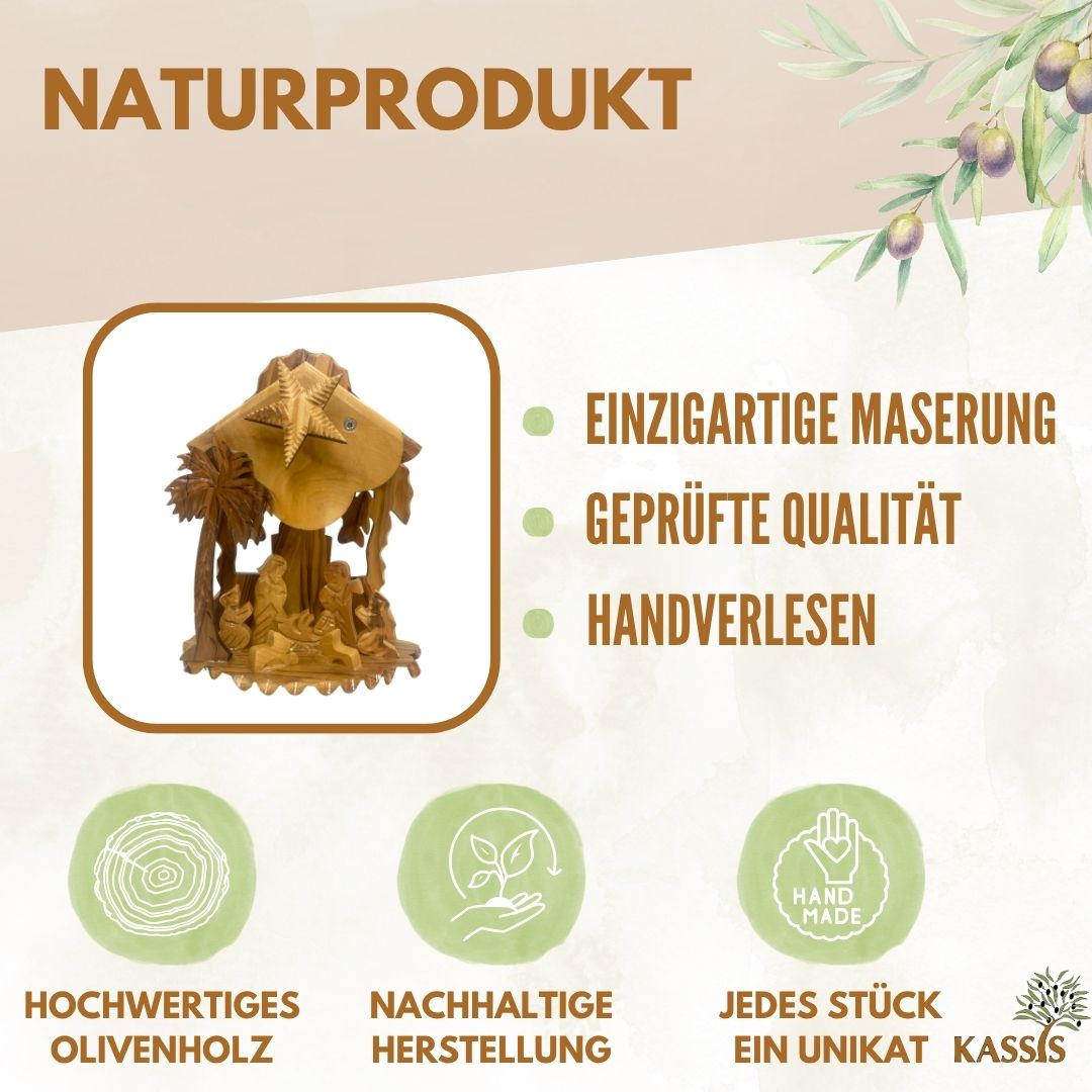 Weihnachtskrippe aus Olivenholz mit Aufziehmechanismus | Weihnachtsdeko & Geschenk für Advent und Weihnachten