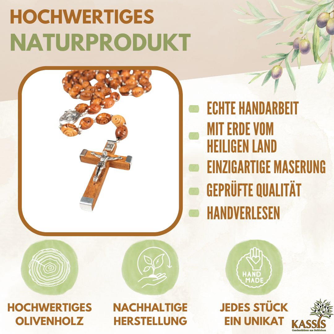 Rosenkranz aus Olivenholz mit verzierten Perlen (50 cm) | Gebetskette mit Kreuz als Geschenk zur Taufe, Kommunion & Firmung