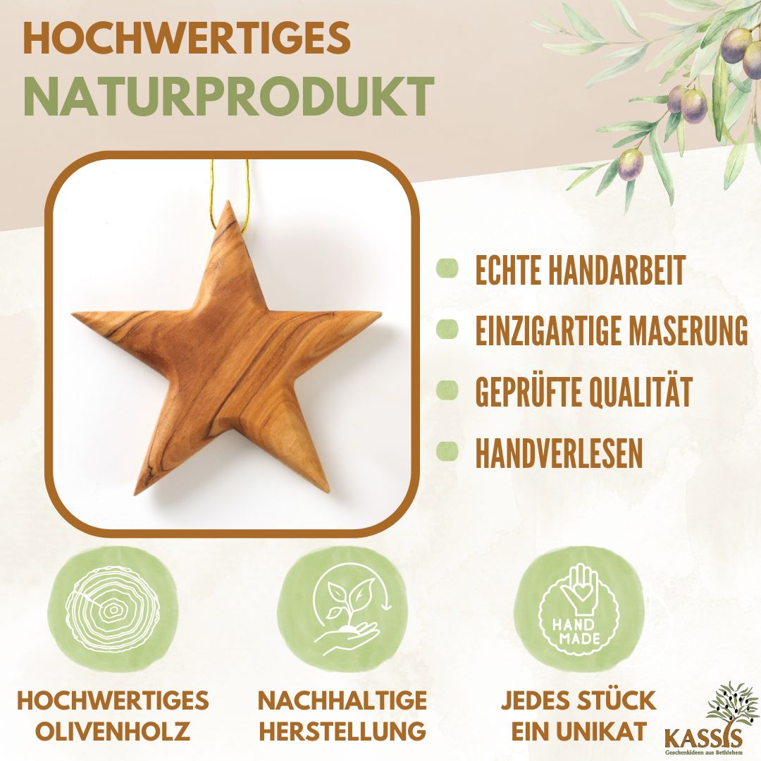 Personalisierter Stern Anhänger aus Olivenholz mit Gravur 8 cm | Baumschmuck & Weihnachtsdeko