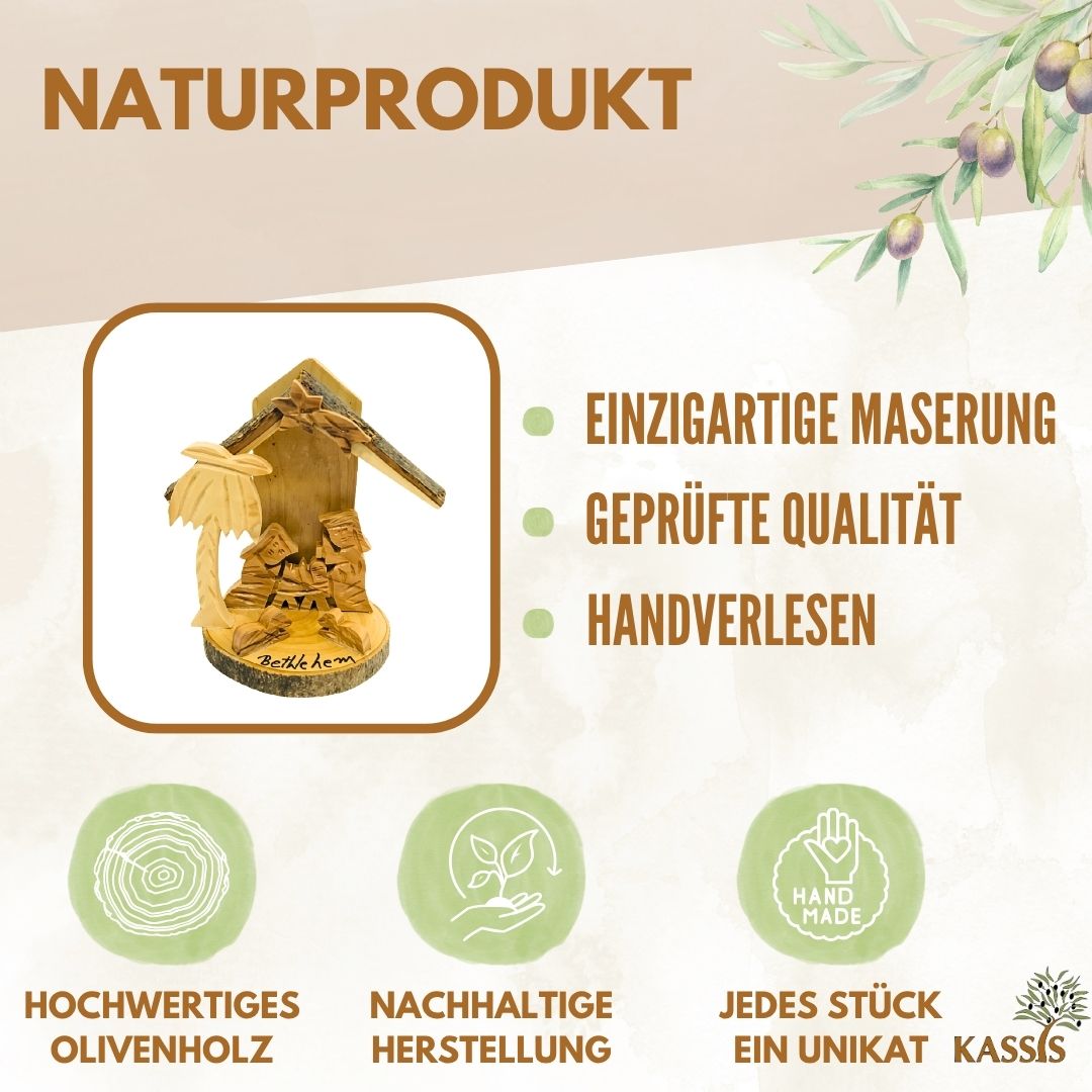 Krippe aus Olivenholz mit Rinde, 10 cm | Weihnachtsdeko & Geschenk für Advent und Weihnachten
