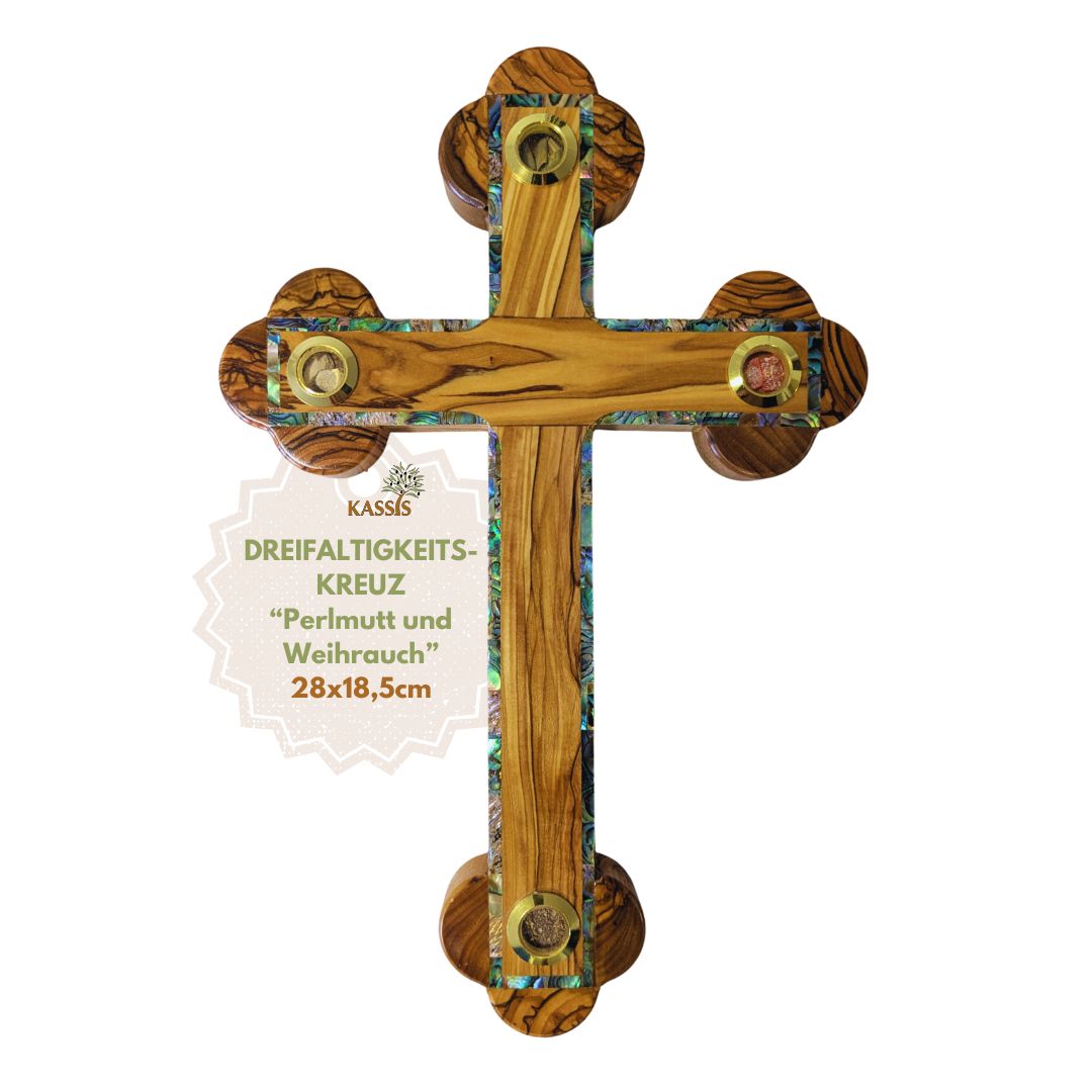 Olivenholz Kreuz mit Perlmutt-Rand & Einlagen aus Bethlehem 28 × 18,5 cm | Handarbeit aus dem Heiligen Land