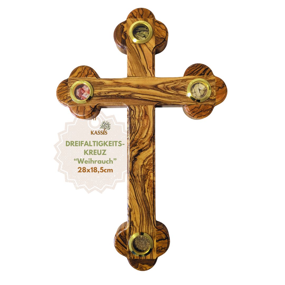 Olivenholz Kreuz mit Einlagen aus Bethlehem 28 × 18,5 cm | Erde, Steine, Weihrauch & Olivenblätter