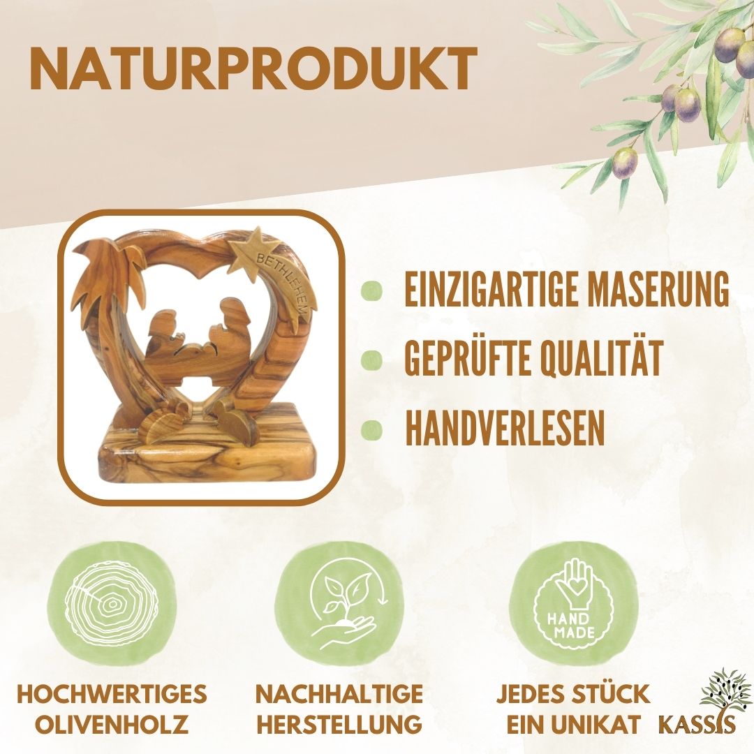 Herzförmige Krippe aus Olivenholz , 7 cm | Weihnachtsdeko & Geschenk für Advent und Weihnachten