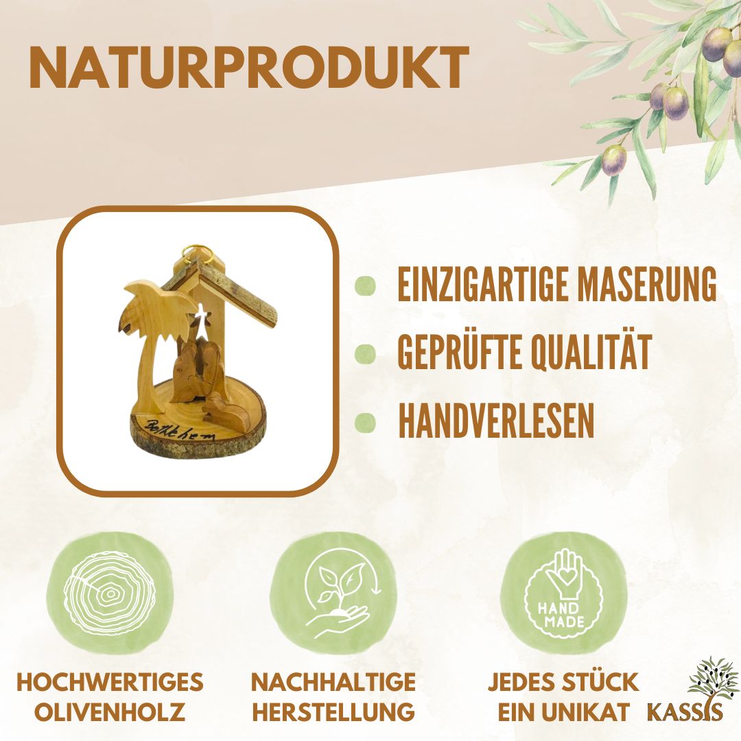 Krippe zum Aufhängen aus Olivenholz mit Rinde, 7 cm | Weihnachtsdeko & Geschenk für Advent und Weihnachten