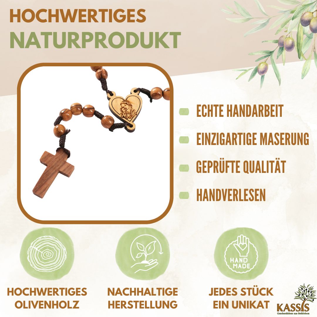 Rosenkranz aus Olivenholz mit Herz und Maria (42 cm) | Gebetskette als Geschenk zur Taufe, Kommunion & Firmung