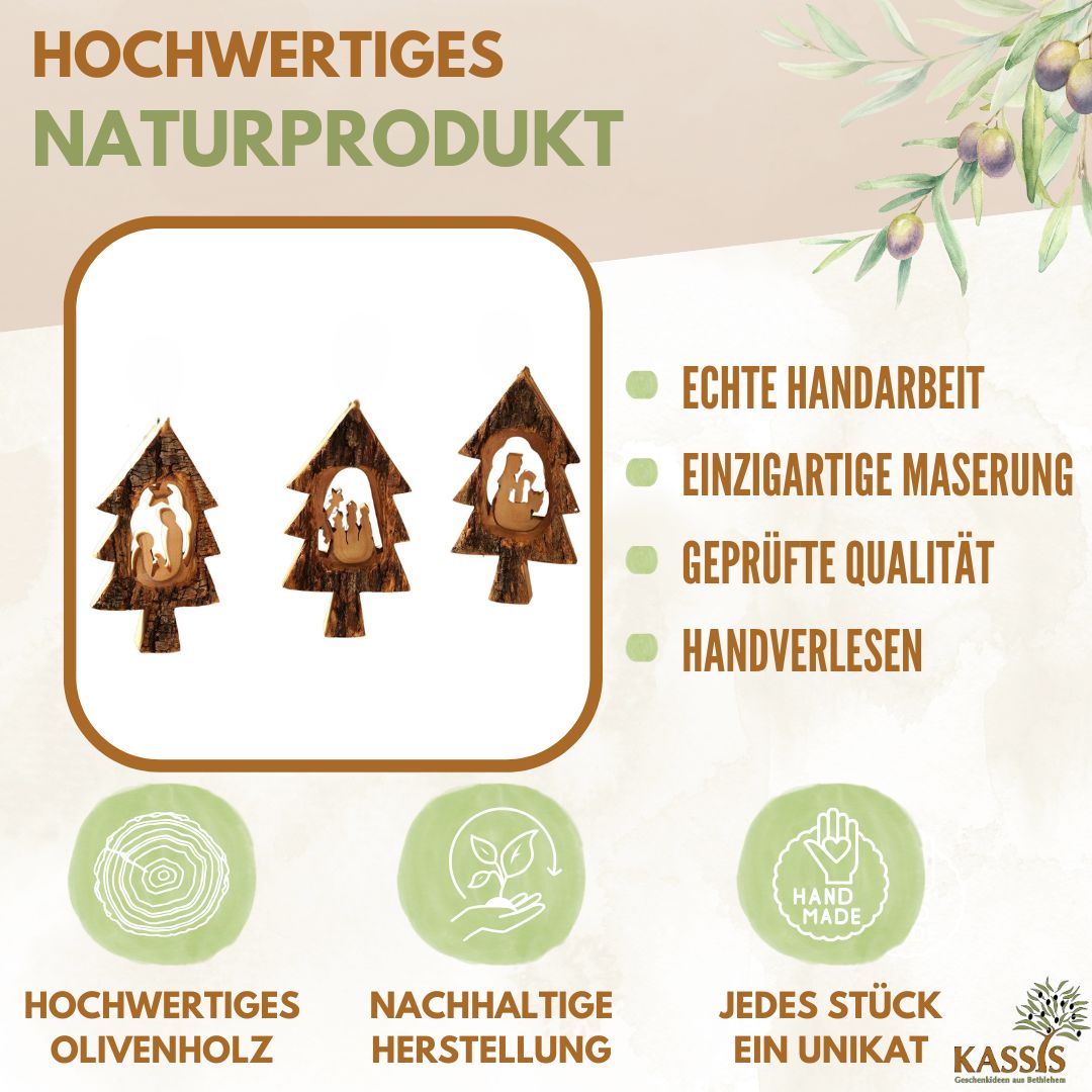 Krippen-Anhänger aus Olivenholz im Tannenbaum mit Rinde (3er Set) | Baumschmuck & Weihnachtsdeko für Advent und Weihnachten