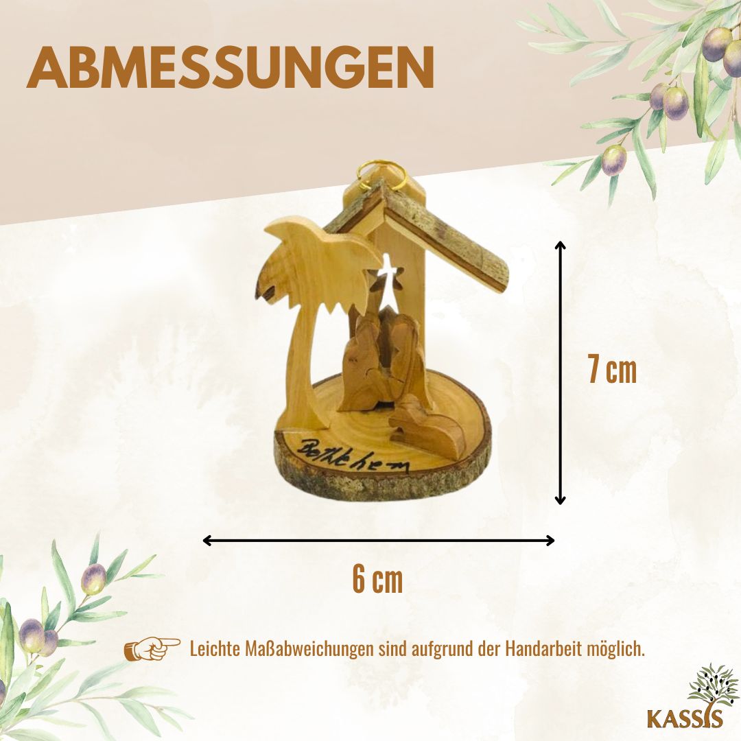 Krippe zum Aufhängen aus Olivenholz mit Rinde, 7 cm | Weihnachtsdeko & Geschenk für Advent und Weihnachten