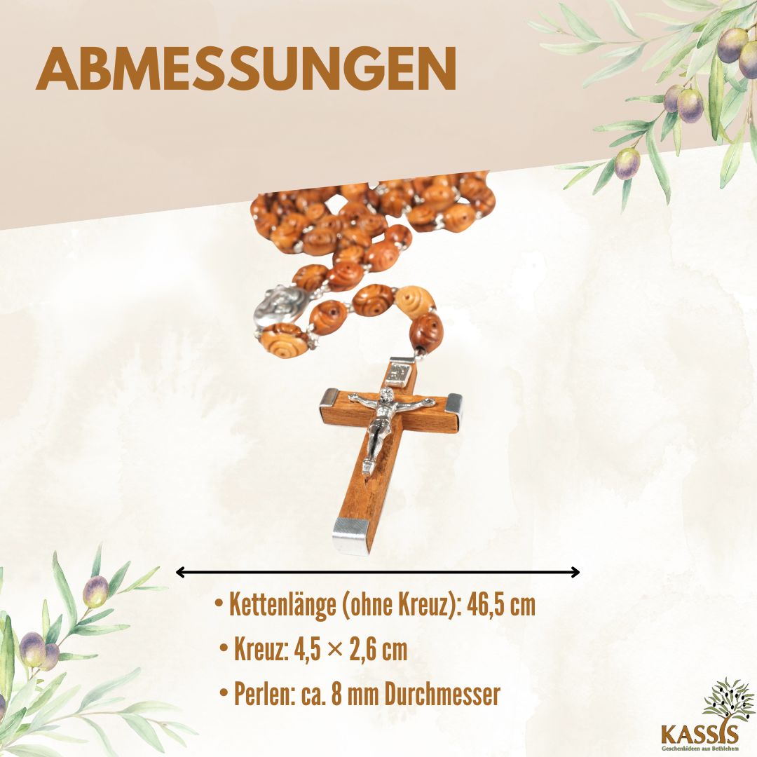 Rosenkranz aus Olivenholz mit verzierten Perlen (50 cm) | Gebetskette mit Kreuz als Geschenk zur Taufe, Kommunion & Firmung