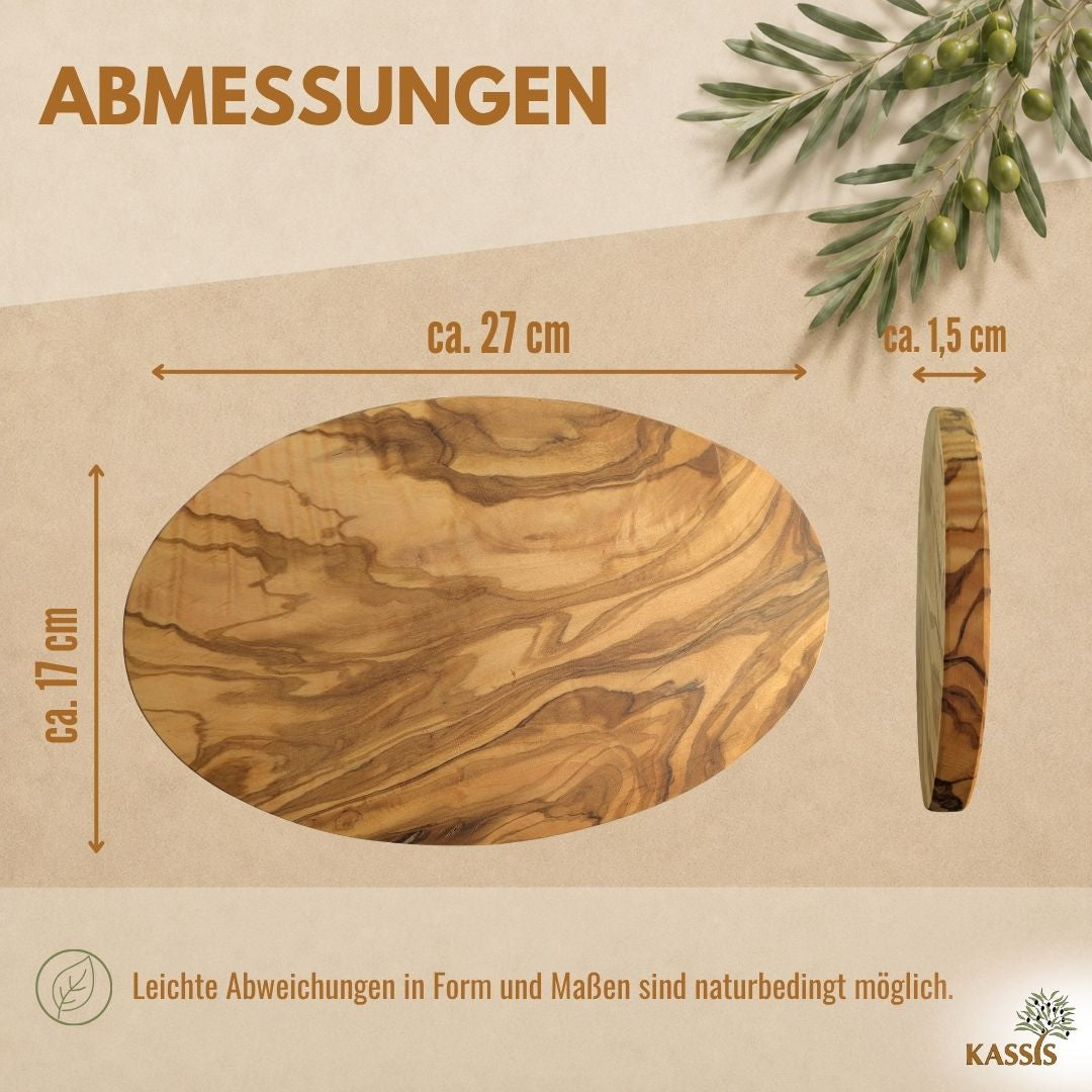 Servierbrett aus Olivenholz oval (27 × 17 cm) | Massives Schneidebrett & Frühstücksbrett