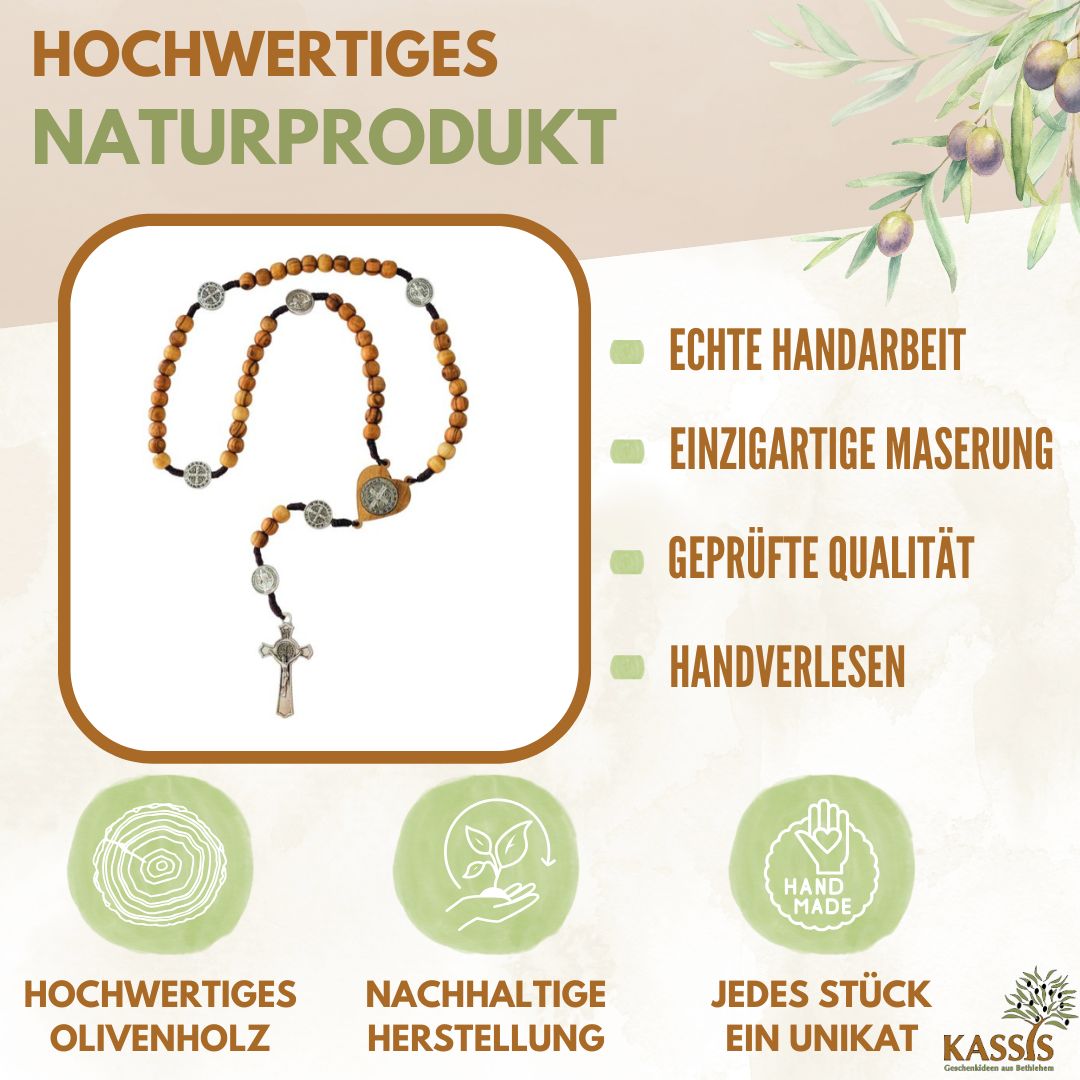St. Benedikt Rosenkranz aus Olivenholz | Gebetskette mit Kreuz & Medaille, Geschenk Taufe, Kommunion, Firmung