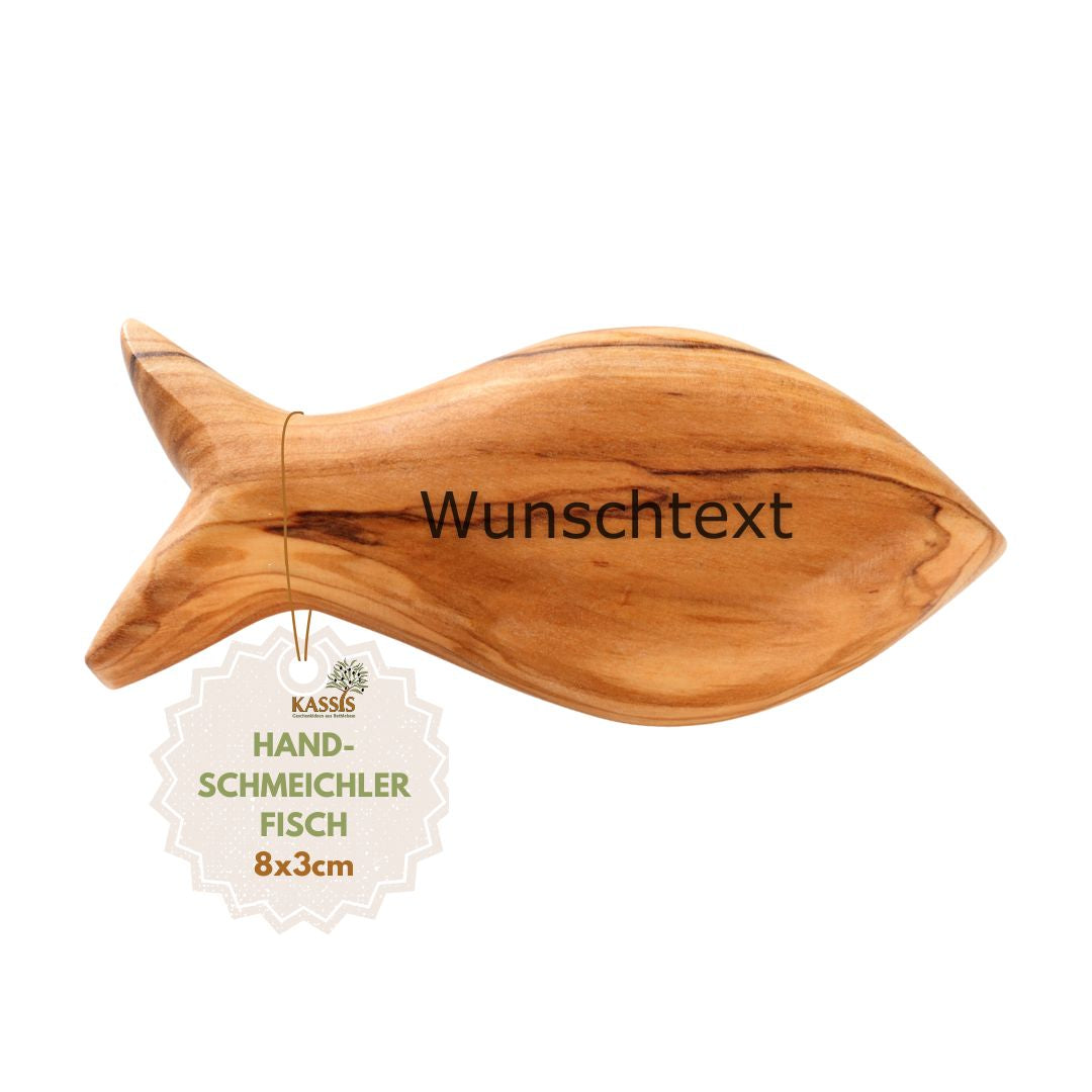 Personalisierter Fisch Handschmeichler aus Olivenholz mit Gravur | Geschenk zur Taufe, Kommunion, Konfirmation