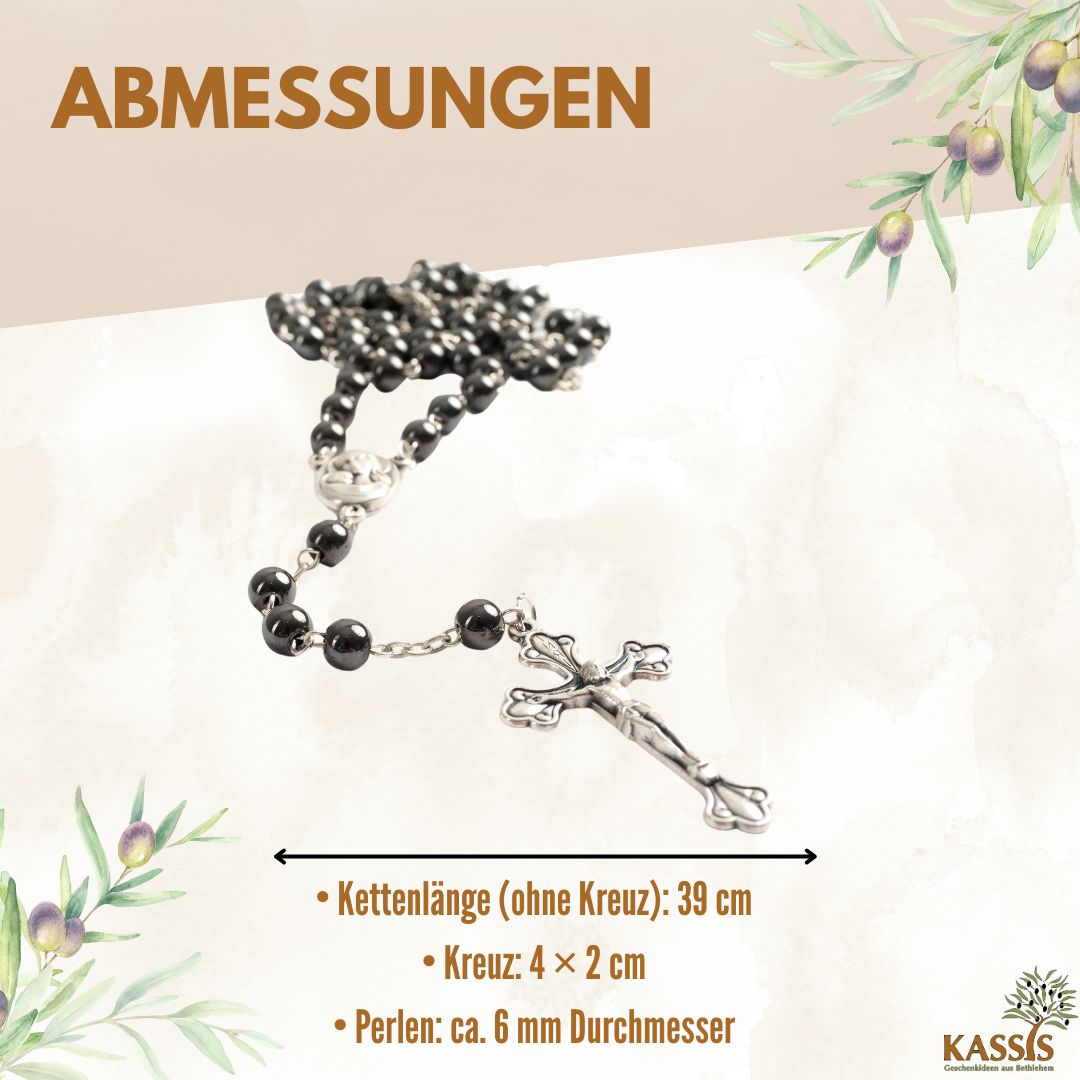 Rosenkranz mit runden Hämatitperlen (42 cm) | Gebetskette mit Kreuz als Geschenk zur Taufe, Kommunion & Firmung