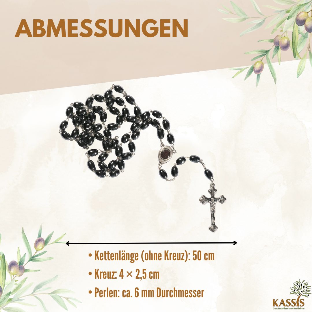 Rosenkranz mit ovalen Hämatitperlen (53 cm) | Gebetskette mit Metallkreuz, Geschenk zur Taufe, Kommunion & Firmung