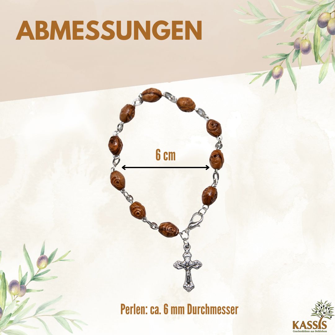 Olivenholz Armband mit Kreuz & verzierten Perlen | Perlenarmband Damen & Herren, Geschenk Taufe, Kommunion