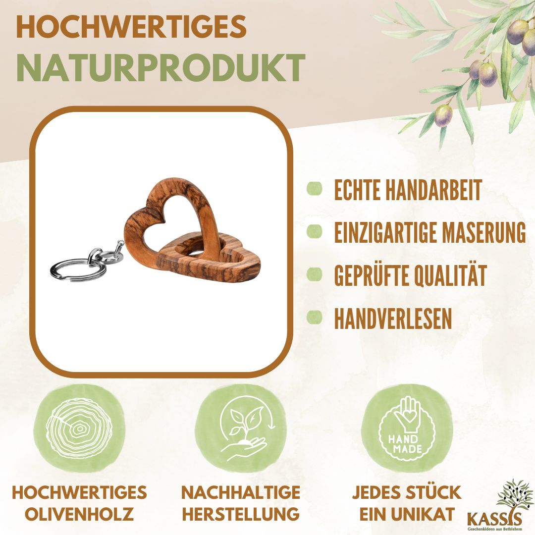 Personalisierter Schlüsselanhänger verbundene Herzen aus Olivenholz mit Gravur | Geschenk zur Hochzeit, Valentinstag, Jahrestag