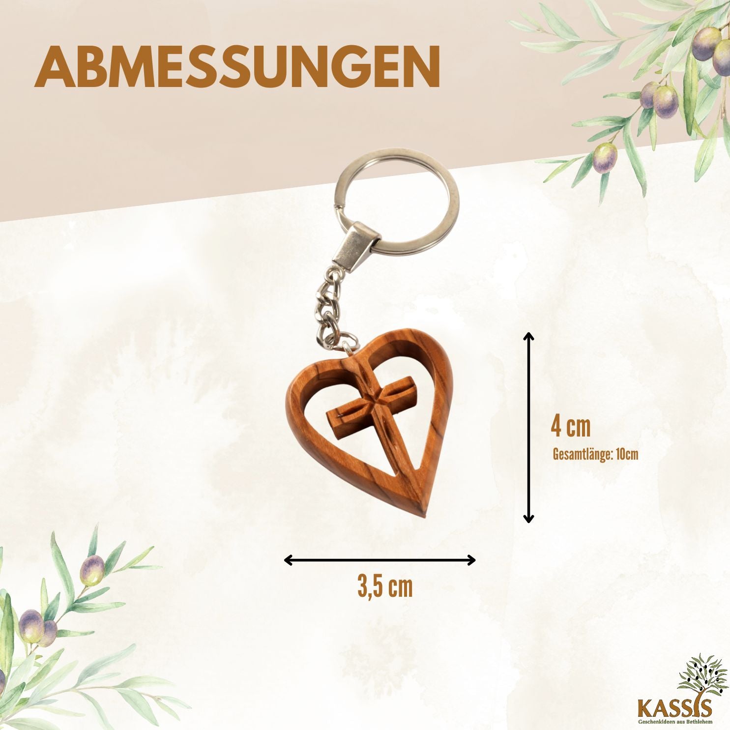 Schlüsselanhänger Kreuz im Herz aus Olivenholz | Liebevoller Glücksbringer als Geschenk zur Taufe, Kommunion & Geburtstag