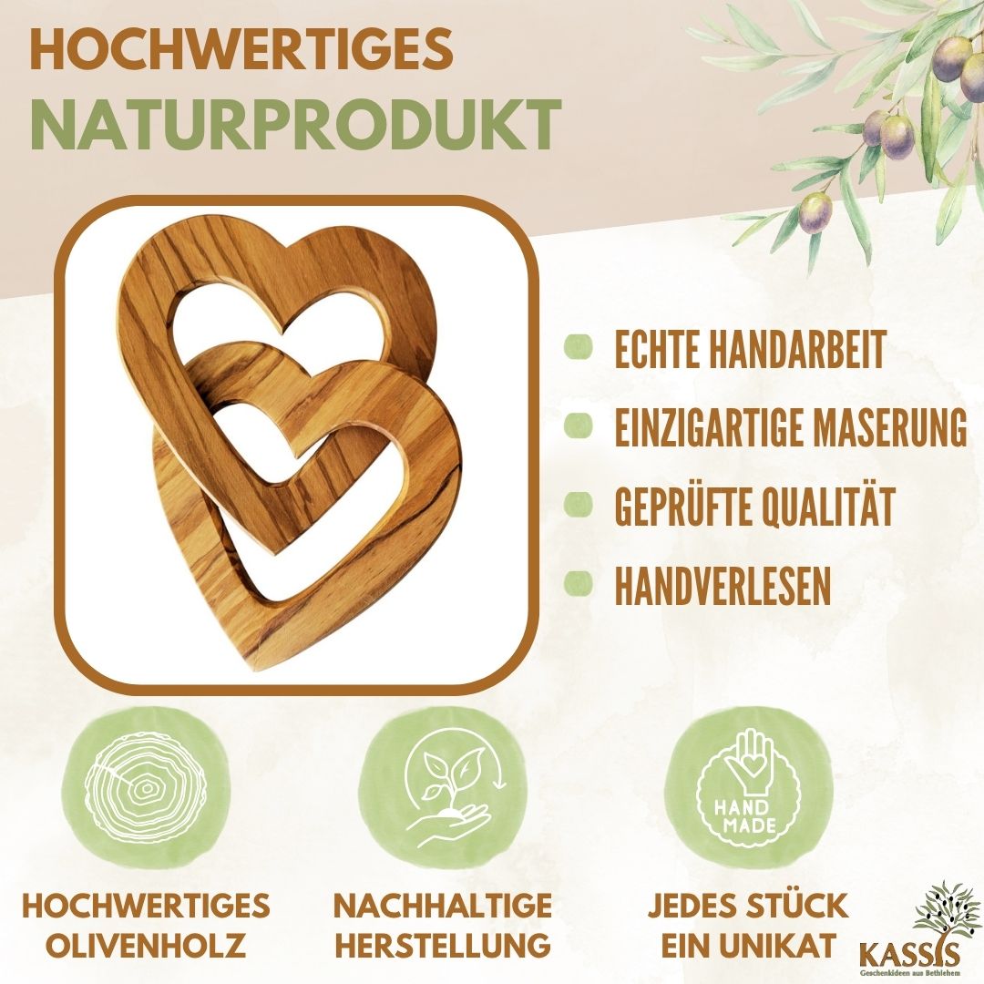 Personalisierte verbundene Herzen aus Olivenholz 15 cm mit Gravur | Geschenk zur Hochzeit, Valentinstag, Jubiläum