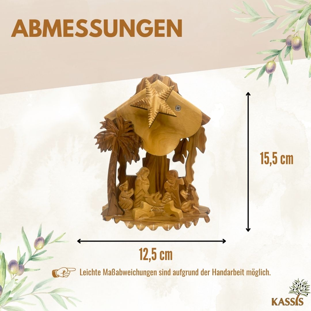 Weihnachtskrippe aus Olivenholz mit Aufziehmechanismus | Weihnachtsdeko & Geschenk für Advent und Weihnachten