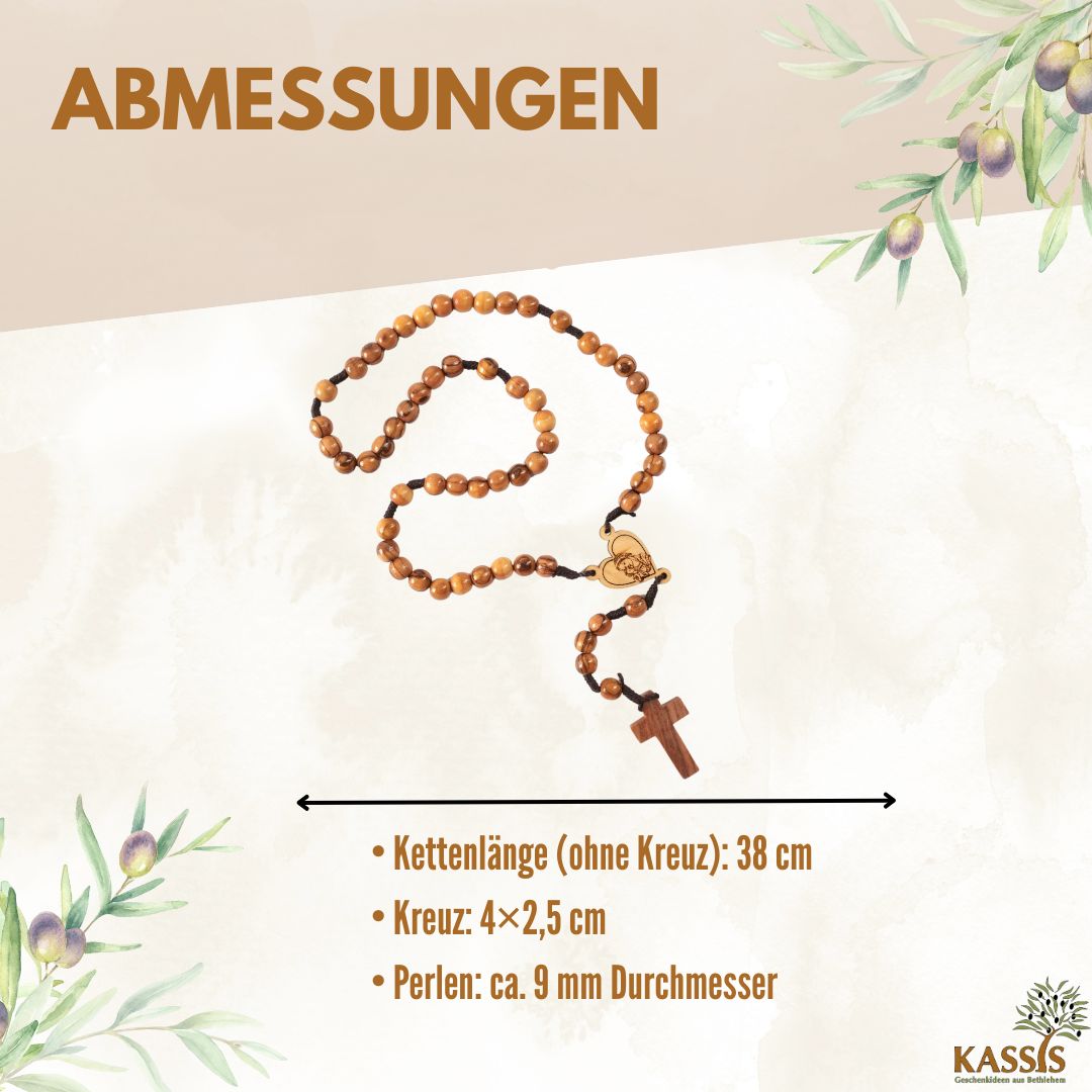 Rosenkranz aus Olivenholz mit Herz und Maria (42 cm) | Gebetskette als Geschenk zur Taufe, Kommunion & Firmung