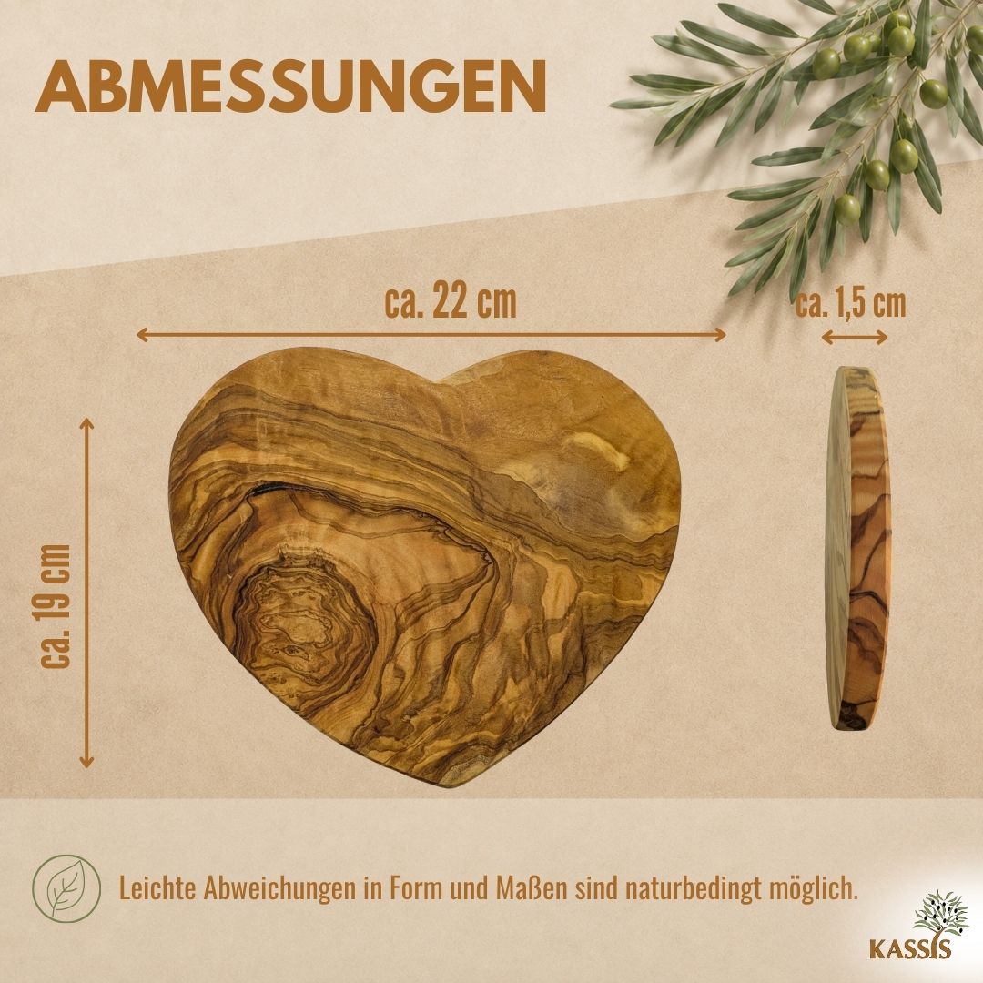 Servierbrett Herz aus Olivenholz (22 × 19 cm) | Herzbrett & Schneidebrett aus Holz