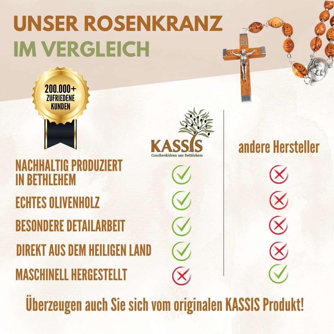 Rosenkranz aus Olivenholz mit verzierten Perlen (50 cm) | Gebetskette mit Kreuz als Geschenk zur Taufe, Kommunion & Firmung