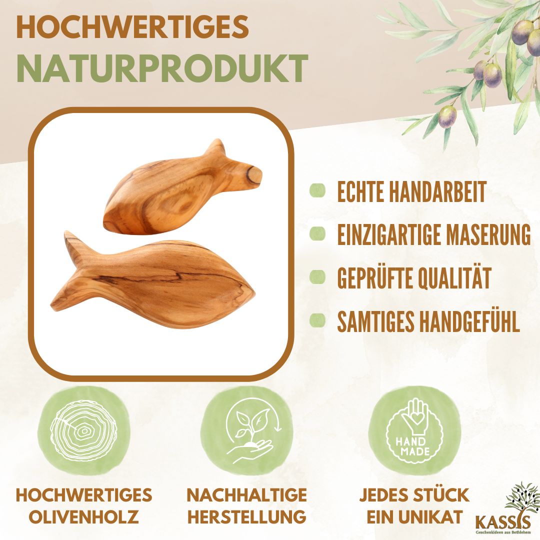 Fisch Handschmeichler aus Olivenholz | Kleiner Glücksbringer als Geschenk zur Taufe, Kommunion & Geburt