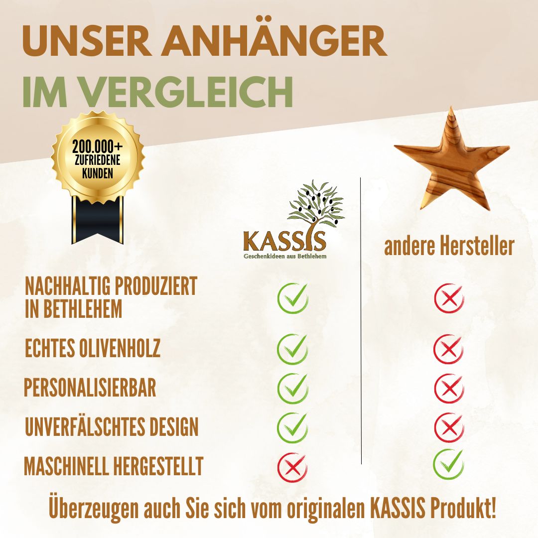 Personalisierter Stern Anhänger aus Olivenholz mit Gravur 8 cm | Baumschmuck & Weihnachtsdeko