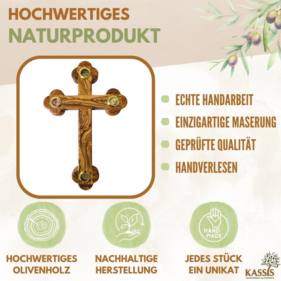 Olivenholz Kreuz mit Einlagen aus Bethlehem 28 × 18,5 cm | Erde, Steine, Weihrauch & Olivenblätter