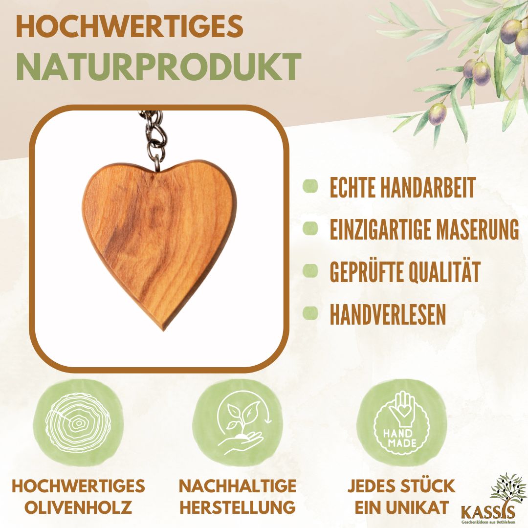 Personalisierter Schlüsselanhänger Herz aus Olivenholz mit Gravur | Geschenk Taufe, Kommunion, Liebe