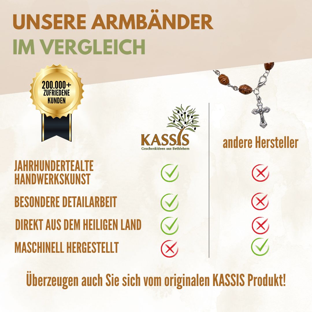 Olivenholz Armband mit Kreuz & verzierten Perlen | Perlenarmband Damen & Herren, Geschenk Taufe, Kommunion